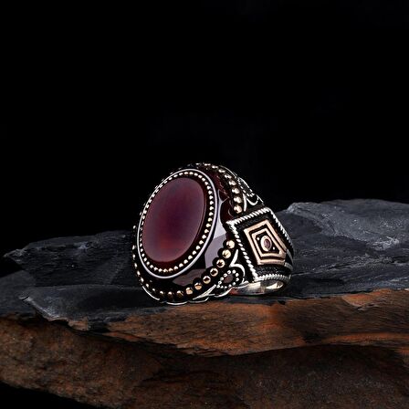 925 AYAR GÜMÜŞ ÇEMBER AKİK TAŞLI OVAL MODEL ERKEK YÜZÜK