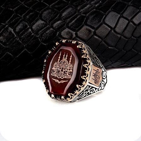 925 AYAR GÜMÜŞ CAMİ MOTİFLİ KEHRİBAR TAŞLI ERKEK YÜZÜK