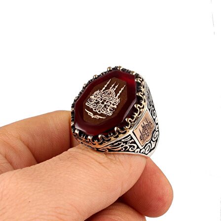 925 AYAR GÜMÜŞ CAMİ MOTİFLİ KEHRİBAR TAŞLI ERKEK YÜZÜK