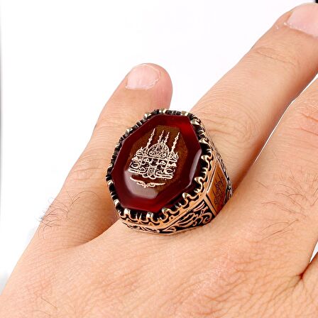 925 AYAR GÜMÜŞ CAMİ MOTİFLİ KEHRİBAR TAŞLI ERKEK YÜZÜK