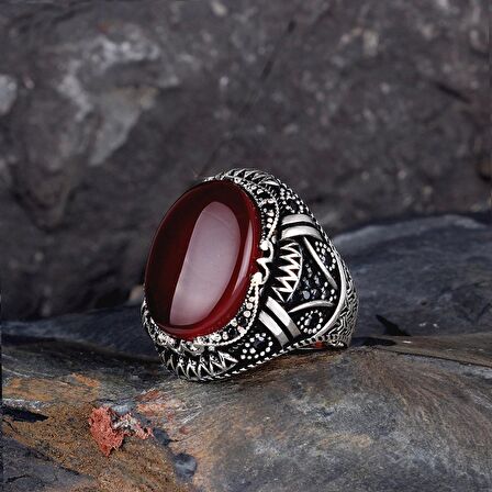 925 AYAR GÜMÜŞ OVAL AKİK TAŞLI ÖRGÜ MOTİFLİ YÜZÜK