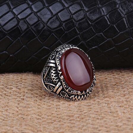 925 AYAR GÜMÜŞ OVAL AKİK TAŞLI ÖRGÜ MOTİFLİ YÜZÜK