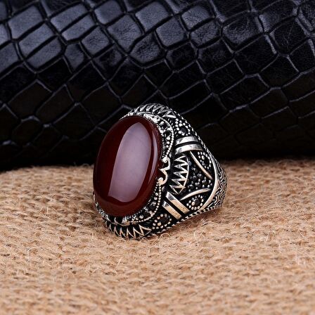 925 AYAR GÜMÜŞ OVAL AKİK TAŞLI ÖRGÜ MOTİFLİ YÜZÜK