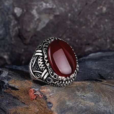 925 AYAR GÜMÜŞ OVAL AKİK TAŞLI ÖRGÜ MOTİFLİ YÜZÜK