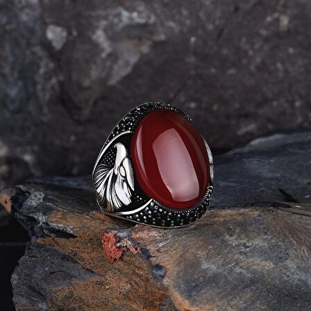 925 AYAR GÜMÜŞ OVAL AKİK TAŞLI KARTAL MOTİFLİ YÜZÜK