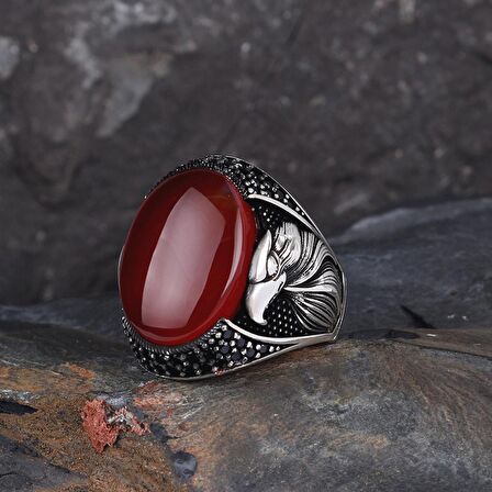 925 AYAR GÜMÜŞ OVAL AKİK TAŞLI KARTAL MOTİFLİ YÜZÜK