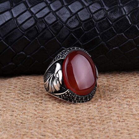 925 AYAR GÜMÜŞ OVAL AKİK TAŞLI KARTAL MOTİFLİ YÜZÜK