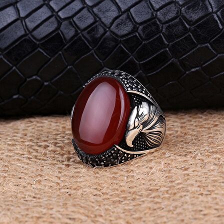 925 AYAR GÜMÜŞ OVAL AKİK TAŞLI KARTAL MOTİFLİ YÜZÜK