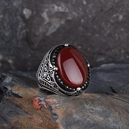 925 AYAR GÜMÜŞ OVAL AKİK TAŞLI ERKEK YÜZÜK