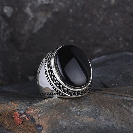 ÖRGÜ DESENLİ OVAL ONİX TAŞLI 925 AYAR GÜMÜŞ YÜZÜK