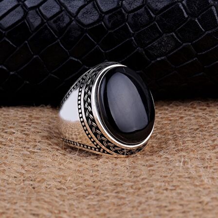 ÖRGÜ DESENLİ OVAL ONİX TAŞLI 925 AYAR GÜMÜŞ YÜZÜK