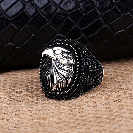 925 AYAR GÜMÜŞ MİKRO TAŞLI KARTAL MOTİF ERKEK YÜZÜK