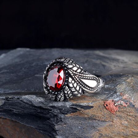 KIRMIZI ZİRKON TAŞLI OTANTIK MODEL 925 AYAR GÜMÜŞ YÜZÜK