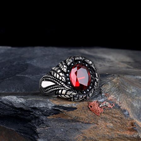 KIRMIZI ZİRKON TAŞLI OTANTIK MODEL 925 AYAR GÜMÜŞ YÜZÜK