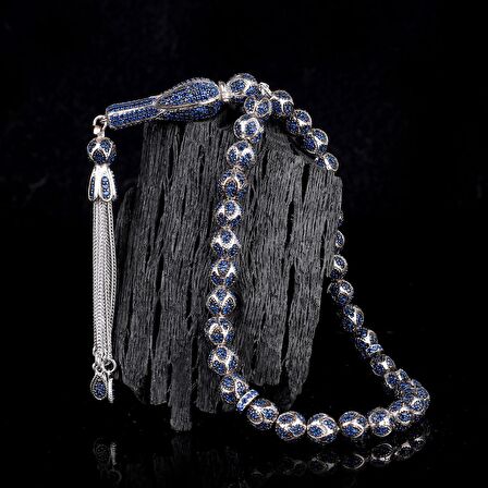 LACİVERT RENK ZİRKON TAŞ İŞLEMELİ TAMAMI 925 AYAR GÜMÜŞ TESBİH