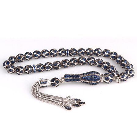 LACİVERT RENK ZİRKON TAŞ İŞLEMELİ TAMAMI 925 AYAR GÜMÜŞ TESBİH