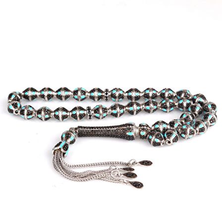 TURKUAZ MİNELİ ZİRKON TAŞ İŞLEMELİ TAMAMI 925 AYAR GÜMÜŞ TESBİH