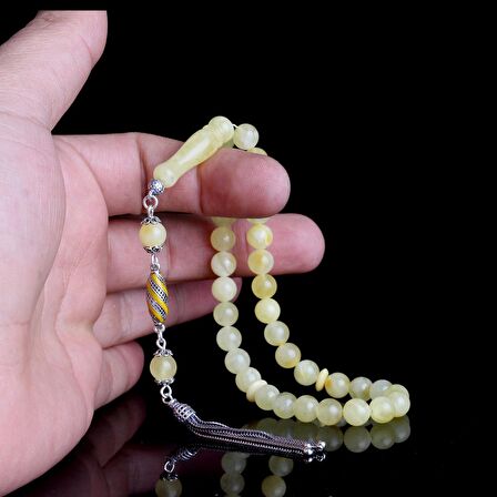 925 AYAR GÜMÜŞ PÜSKÜLLÜ 7 MM DAMLA KEHRİBAR TESBİH