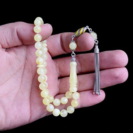 925 AYAR GÜMÜŞ PÜSKÜLLÜ 7 MM DAMLA KEHRİBAR TESBİH