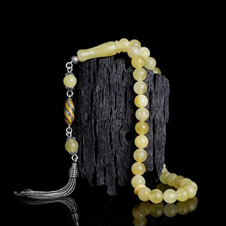 925 AYAR GÜMÜŞ PÜSKÜLLÜ 7 MM DAMLA KEHRİBAR TESBİH