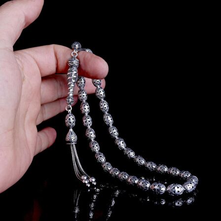 TAMAMI 925 AYAR GÜMÜŞ DESEN MOTİFLİ BÜYÜK BOY TESBİH