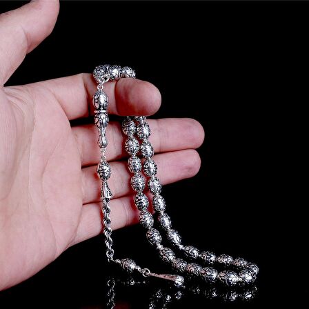 925 AYAR TAMAMI GÜMÜŞ DESEN MOTİFLİ BÜYÜK BOY TESBİH