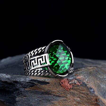 925 AYAR GÜMÜŞ OVAL YEŞİL ZİRKON TAŞLI ERKEK YÜZÜK