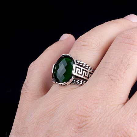 925 AYAR GÜMÜŞ OVAL YEŞİL ZİRKON TAŞLI ERKEK YÜZÜK