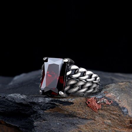 KIRMIZI RENK ZİRKON TAŞLI ÖRGÜ MODEL GÜMÜŞ ERKEK YÜZÜK