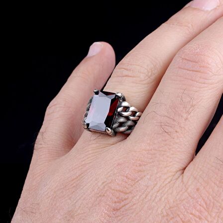 KIRMIZI RENK ZİRKON TAŞLI ÖRGÜ MODEL GÜMÜŞ ERKEK YÜZÜK