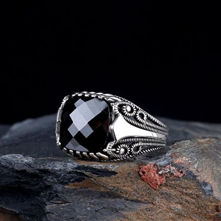 SİYAH RENK ZİRKON TAŞLI KARE MODEL GÜMÜŞ ERKEK YÜZÜK