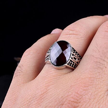 KIRMIZI RENK ZİRKON TAŞLI 925 AYAR GÜMÜŞ ERKEK YÜZÜK