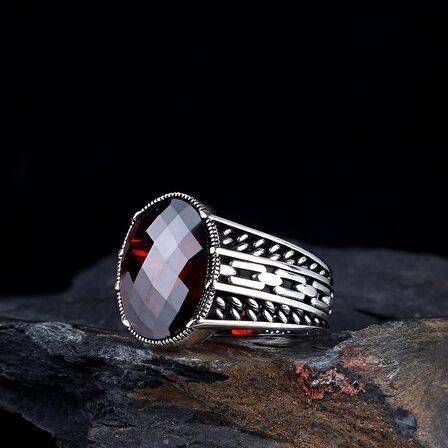 KIRMIZI RENK ZİRKON TAŞLI 925 AYAR GÜMÜŞ ERKEK YÜZÜK