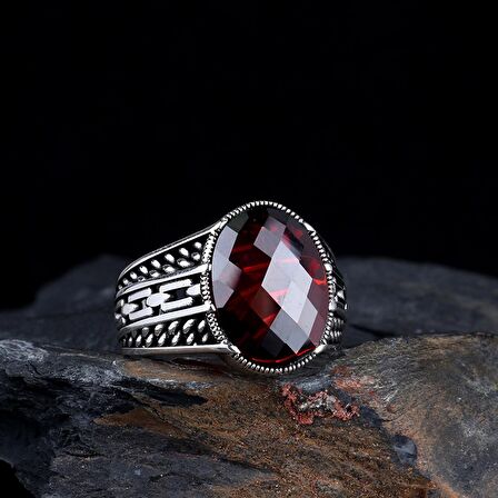 KIRMIZI RENK ZİRKON TAŞLI 925 AYAR GÜMÜŞ ERKEK YÜZÜK