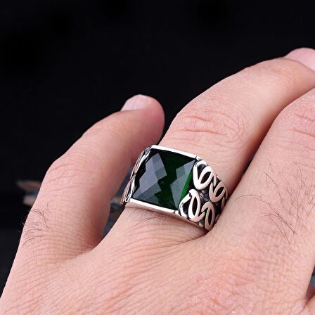 YEŞİL RENK ZİRKON TAŞLI 925 AYAR GÜMÜŞ ERKEK YÜZÜK