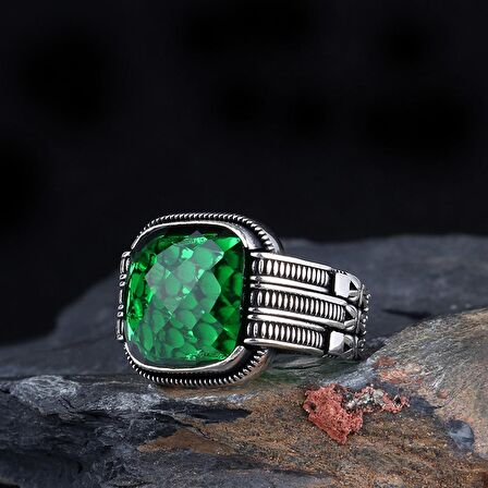 YEŞİL RENK ZİRKON TAŞLI ERKEK GÜMÜŞ YÜZÜK