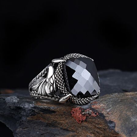 SİYAH RENK ZİRKON TAŞLI KARTAL MOTİF GÜMÜŞ YÜZÜK