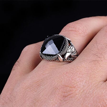 SİYAH RENK ZİRKON TAŞLI KARTAL MOTİF GÜMÜŞ YÜZÜK