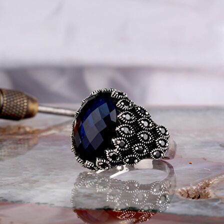 MAVİ RENK ZİRKON TAŞLI MODEL 925 AYAR GÜMÜŞ ERKEK YÜZÜK