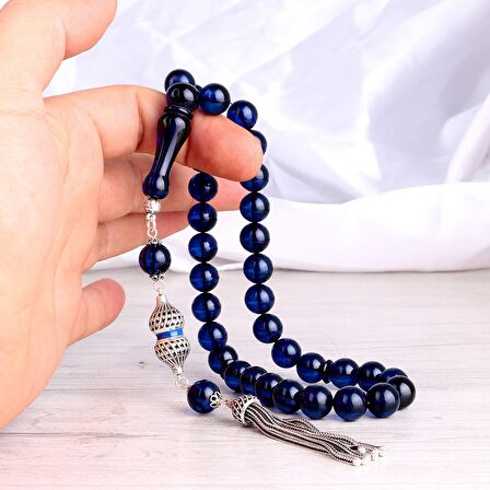 925 AYAR GÜMÜŞ MİNELİ PÜSKÜLLÜ 10 MM DAMLA KEHRİBAR TESBİH