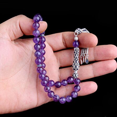 ZİRKON TAŞLI GÜMÜŞ PÜSKÜLLÜ AMETİST TAŞI TESBİH