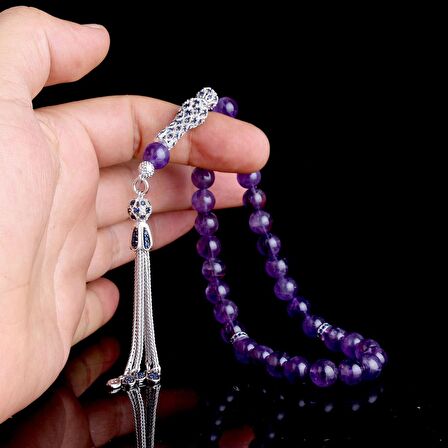 ZİRKON TAŞLI GÜMÜŞ PÜSKÜLLÜ AMETİST TAŞI TESBİH