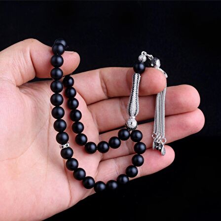 ZİRKON TAŞLI GÜMÜŞ PÜSKÜLLÜ MAT ONİX TAŞI TESBİH