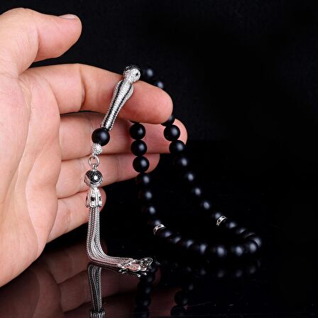 ZİRKON TAŞLI GÜMÜŞ PÜSKÜLLÜ MAT ONİX TAŞI TESBİH