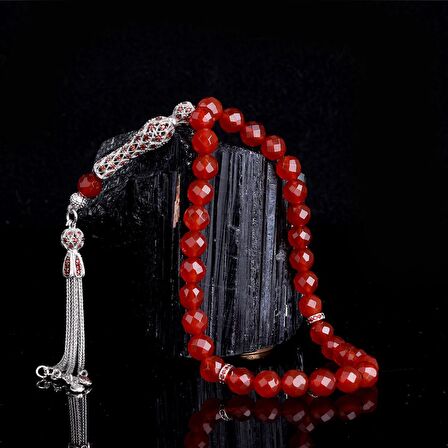 ZİRKON TAŞLI GÜMÜŞ PÜSKÜLLÜ KRİSTAL KESME AKİK TAŞI TESBİH