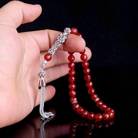 ZİRKON TAŞLI GÜMÜŞ PÜSKÜLLÜ KRİSTAL KESME AKİK TAŞI TESBİH