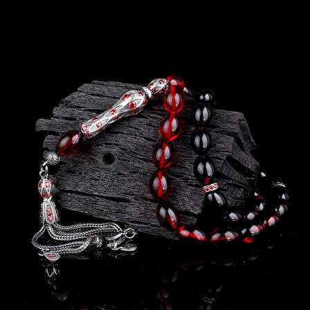 925 Ayar Gümüş Zirkon Taşlı Gümüş Püsküllü Süzme Renk Ateş Kehribar Tesbih