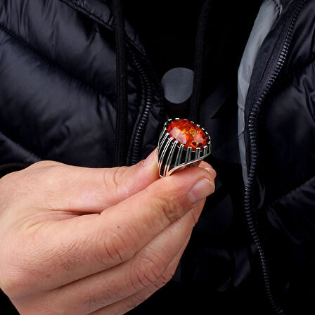 Sentetik Kehribar Taşlı 925 Ayar Gümüş Erkek Yüzük