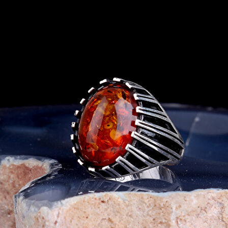 Sentetik Kehribar Taşlı 925 Ayar Gümüş Erkek Yüzük