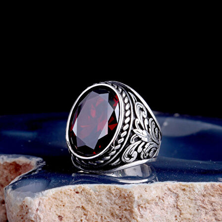 Kırmızı Zirkon Taşlı 925 Ayar Gümüş Erkek Yüzük